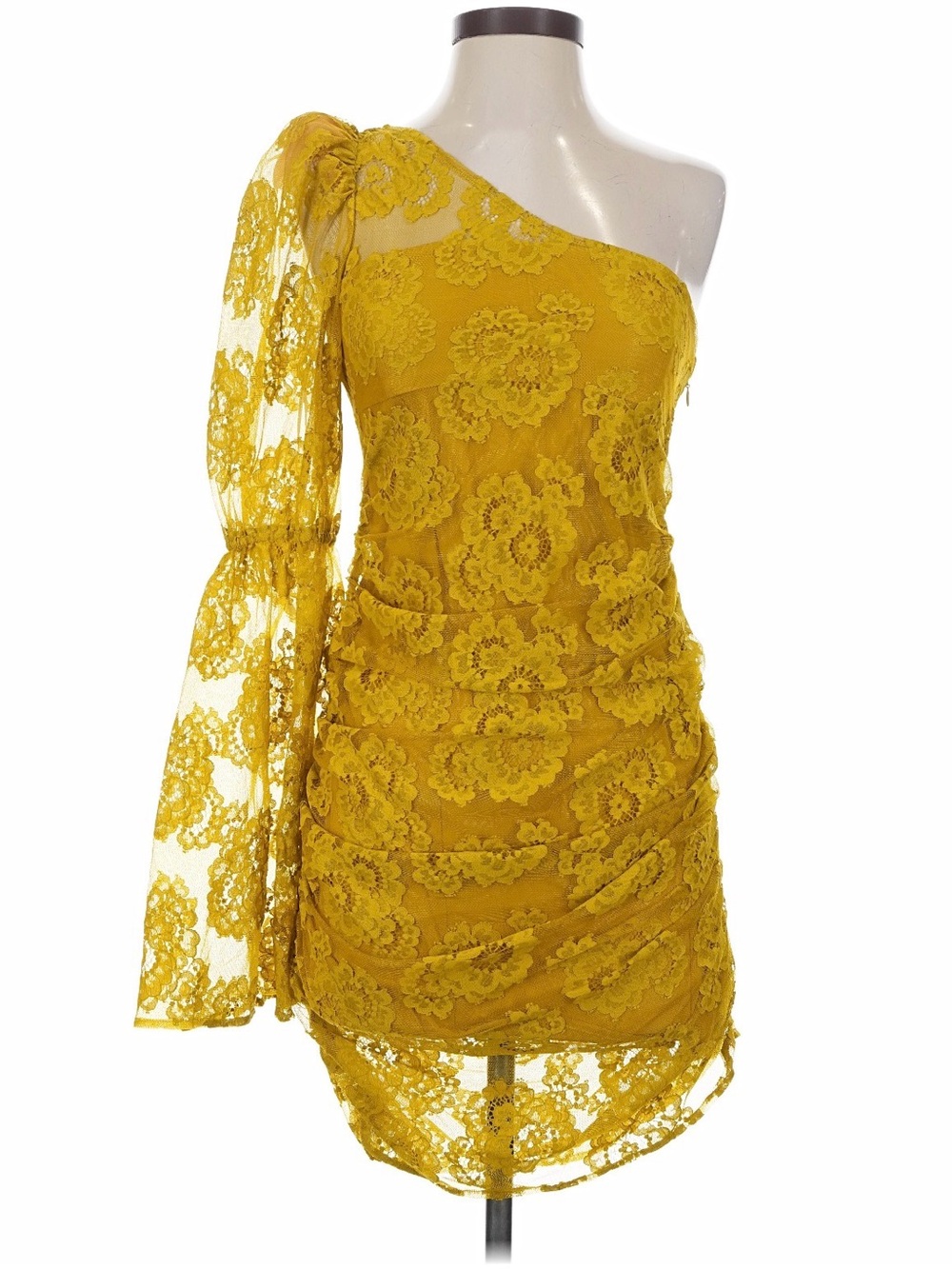 For Love & Lemons One-Shoulder Mustard Lace Mini Dress